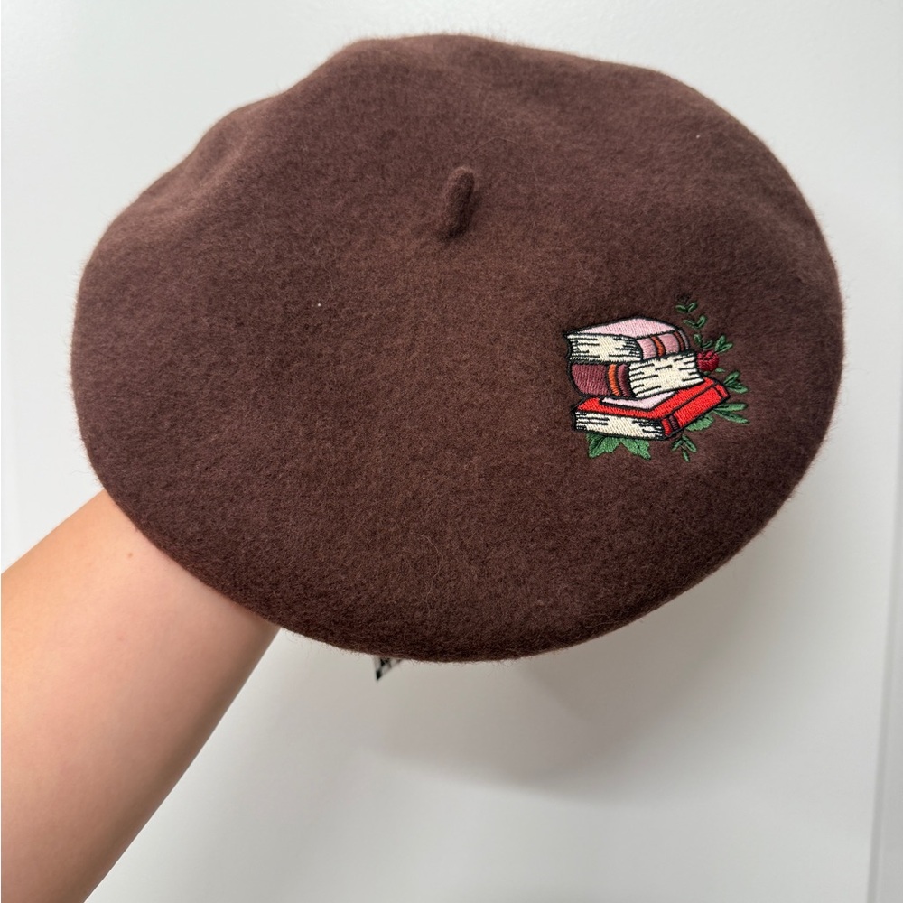 Kina & Tam Embroidered Book Design Brown Beret